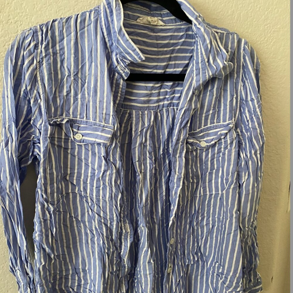 blue and white striped button up